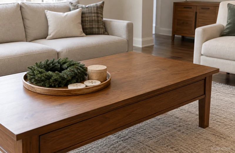 Warm living room with a wood coffee table, clear landing zone, tray-bound faux evergreen ring, seasonal coasters, small lidded box, seating, and open route