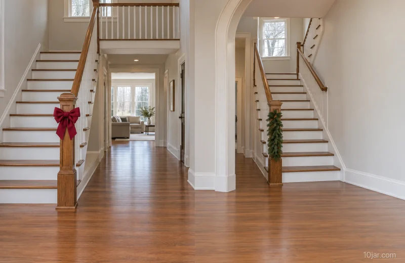 Warm indoor staircase with empty treads and landing, uninterrupted wood handrail, soft newel-side bow, and short unlit outer-face greenery accent