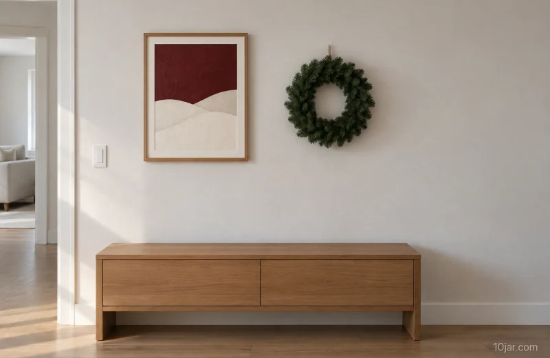Warm living-room wall with an existing framed burgundy seasonal print, separate unlit wreath, clear doorway, visible switch, and open walking path