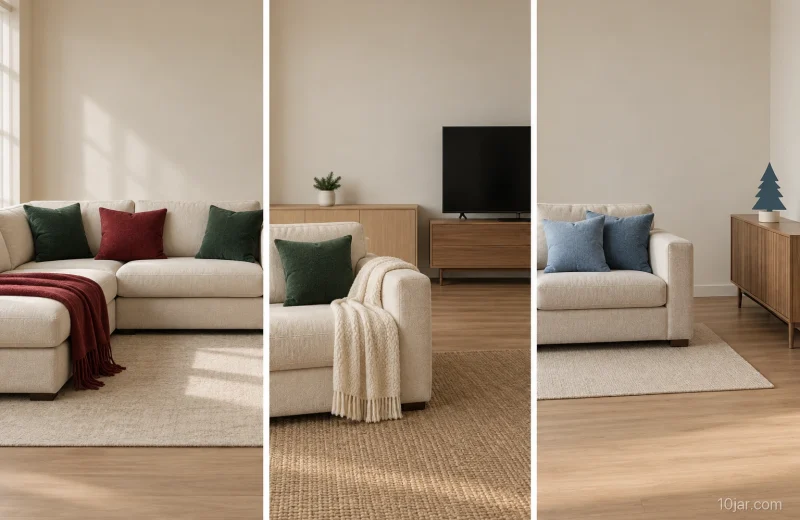 Unoccupied living room with red and green cushions, a cream sideboard accent, clear seating, an off television, and ordinary open routes