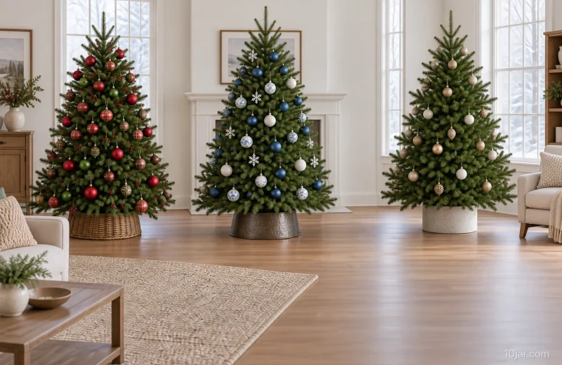 Three separate unlit Christmas trees showing classic red-green, blue-white, and sparse decorating directions in usable rooms