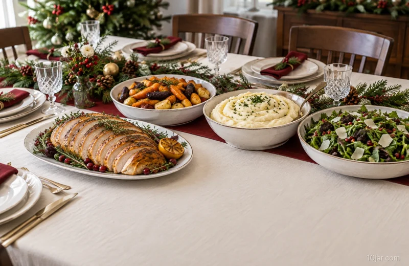 Christmas dinner table with roast poultry, vegetables, potatoes, salad, and serving dishes arranged for a family meal