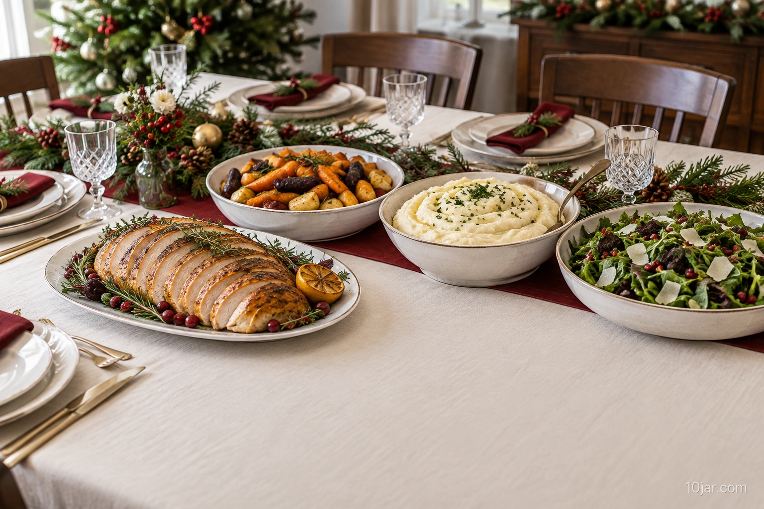 Christmas dinner table with roast poultry, vegetables, potatoes, salad, and serving dishes arranged for a family meal