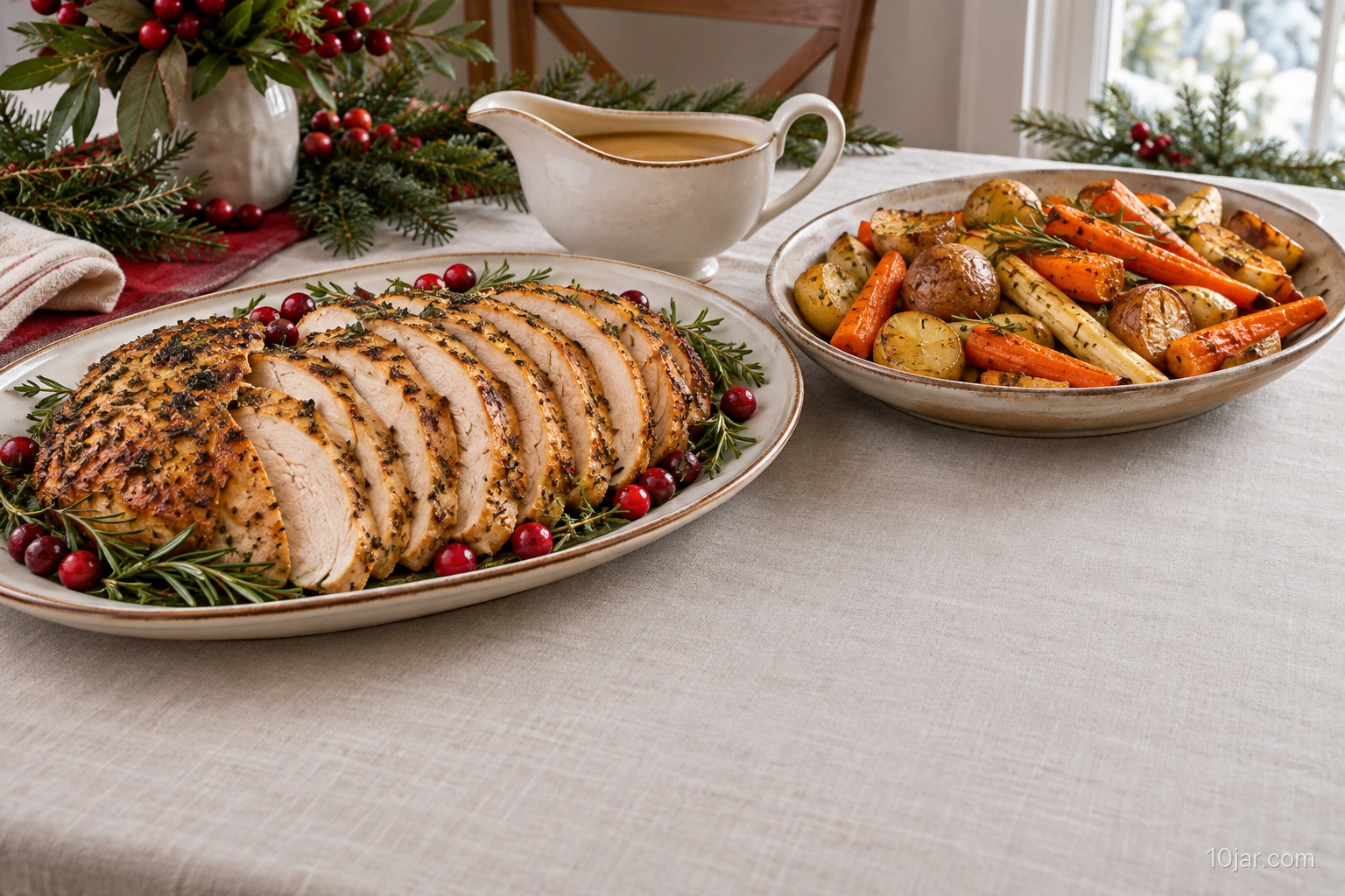 Sliced herb-roasted turkey breast with roasted carrots, parsnips, potatoes, and gravy on a Christmas dinner table