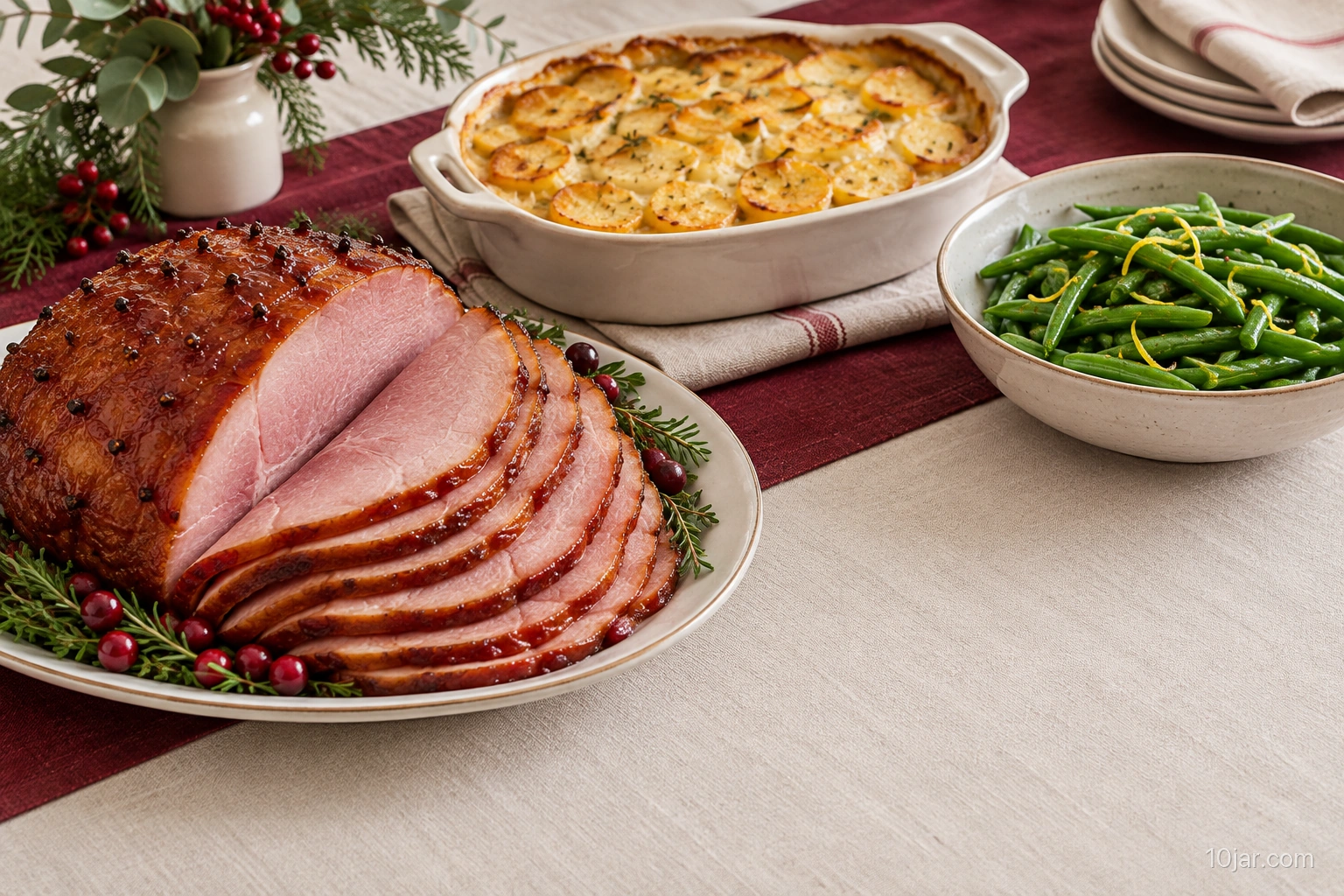 Glazed sliced ham with potato gratin and lemon green beans in separate serving dishes on a holiday table