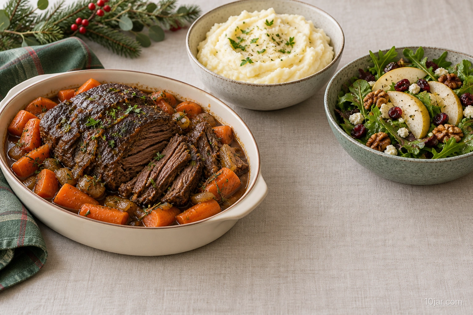 Beef pot roast with carrots beside mashed potatoes and pear winter salad in three serving dishes