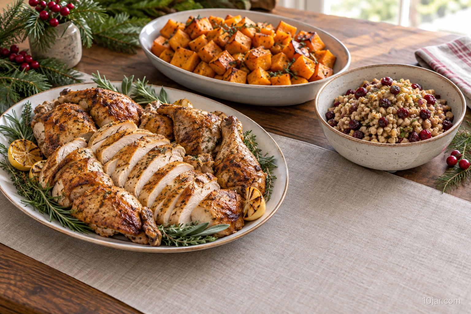 Carved roast chicken with butternut squash and cranberry barley dressing on separate ceramic platters