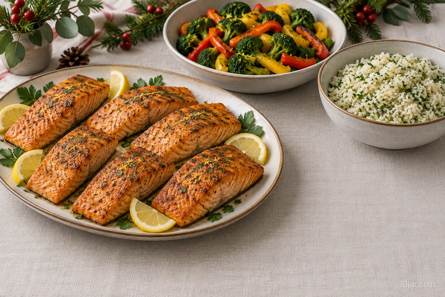 Roasted salmon fillets with citrus broccoli, bell peppers, and green-herbed rice in serving bowls