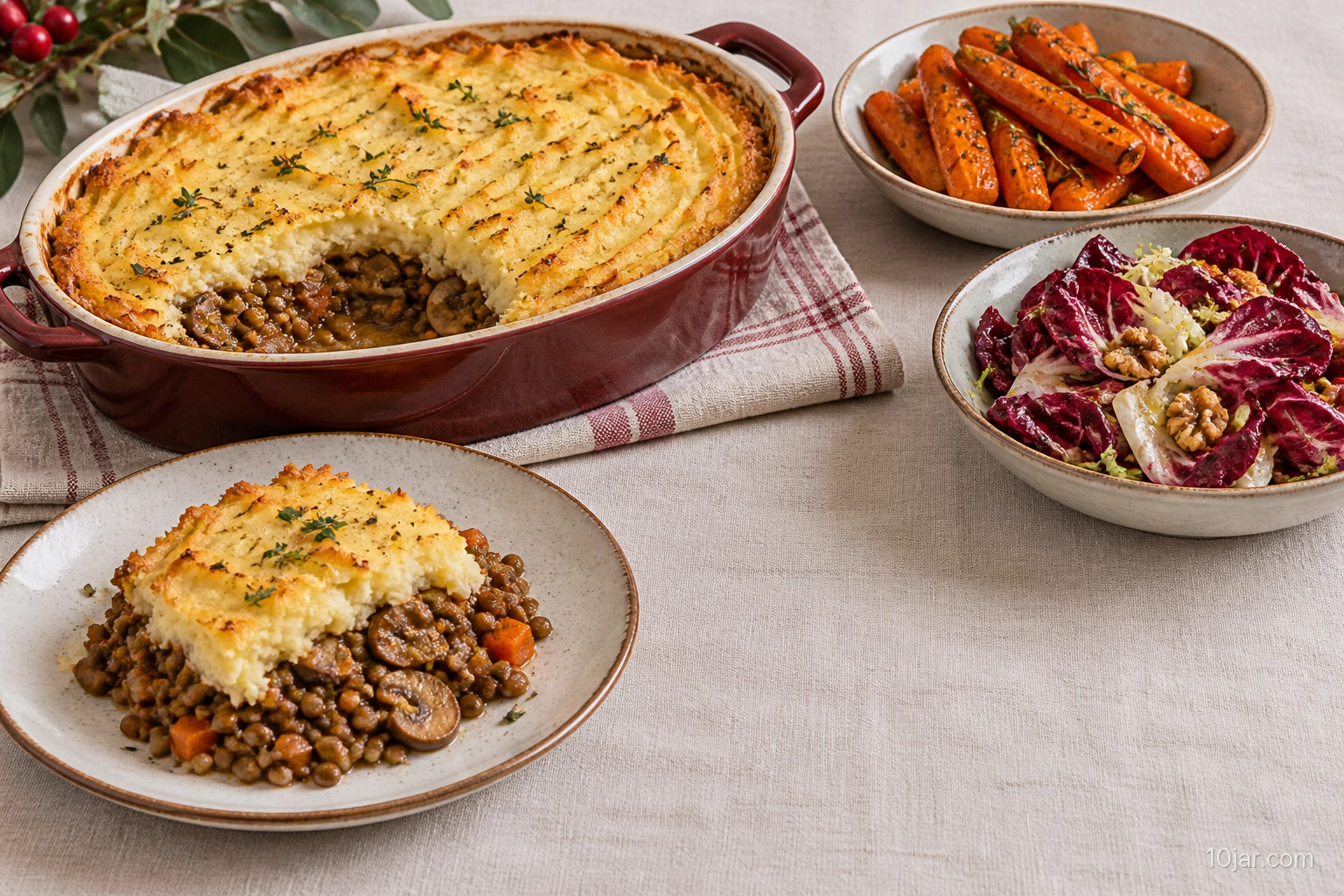 Mushroom-lentil cottage pie with roasted glazed carrots and radicchio salad on a holiday table