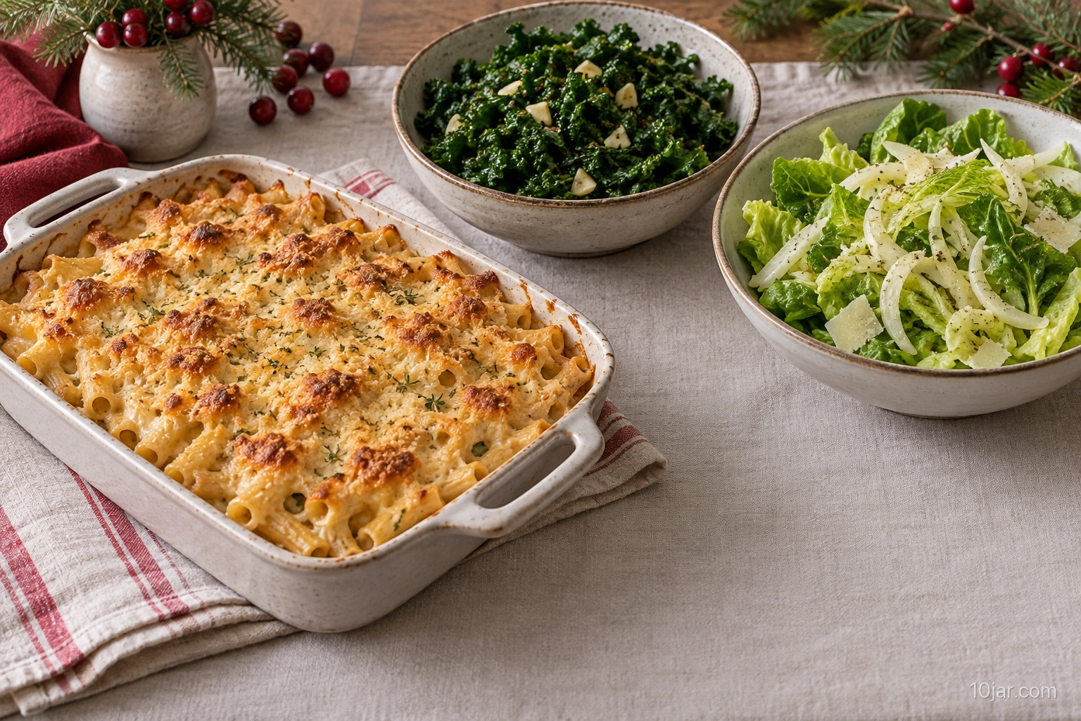 Baked pasta with browned cheese beside garlicky kale and fennel romaine salad in serving bowls