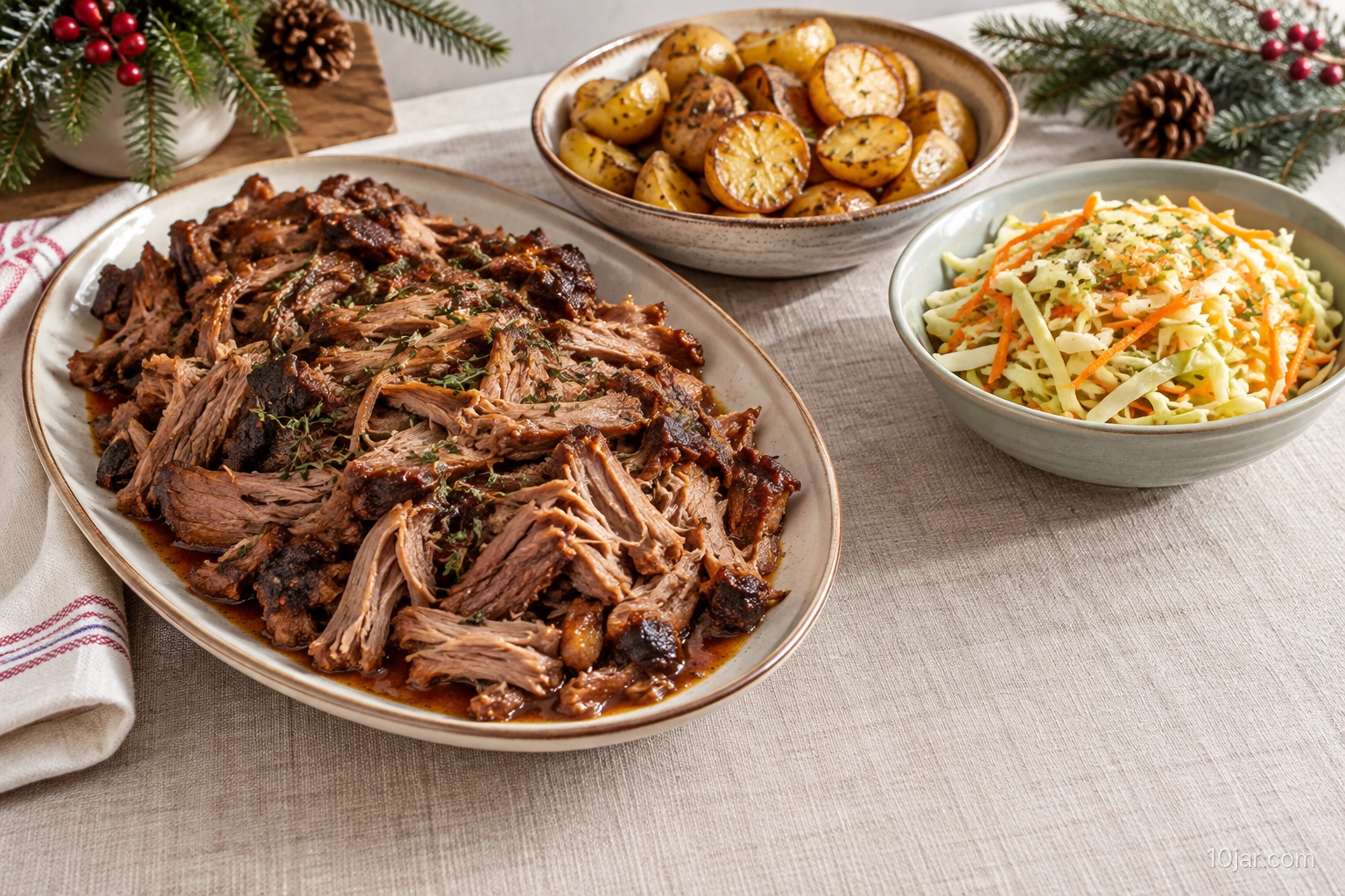 Braised shredded pork shoulder with roasted small potatoes and cabbage carrot slaw on separate platters