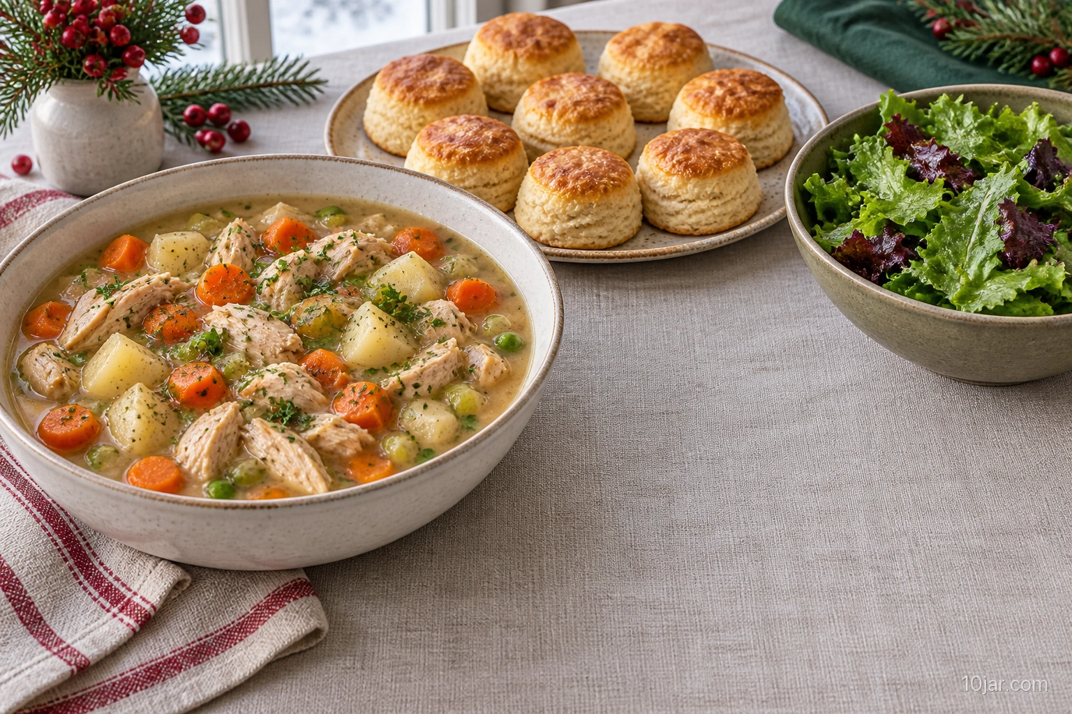 Chicken and vegetable stew in a deep bowl with golden biscuits and green salad beside it