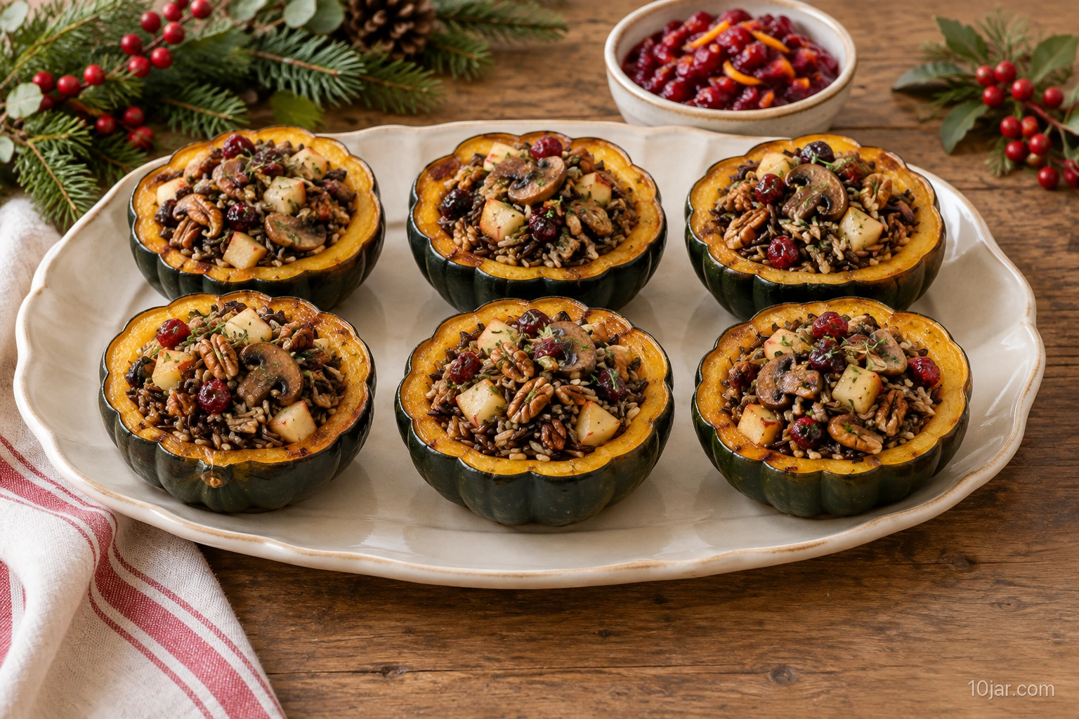 Roasted acorn squash filled with wild rice, mushrooms, apple, and cranberries beside cranberry orange relish