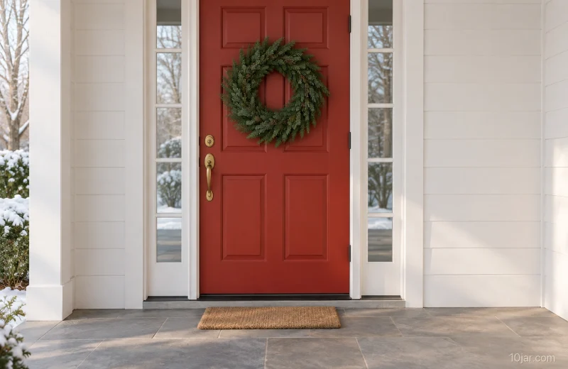 Red front door with one restrained evergreen wreath while the handle, lock, threshold, glazing, and entry route remain clear