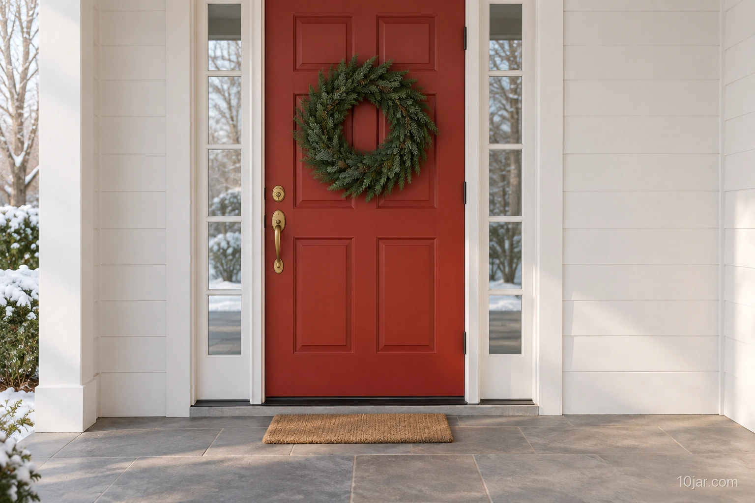 Red front door with one restrained evergreen wreath while the handle, lock, threshold, glazing, and entry route remain clear