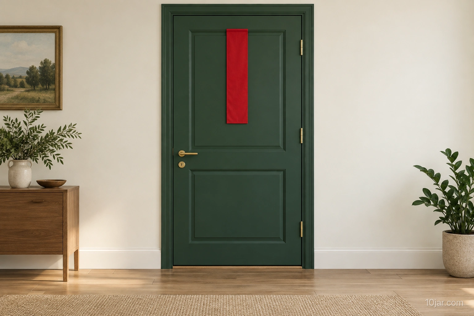 Deep green interior door with a narrow red fabric banner positioned away from handle, hinges, edges, and floor