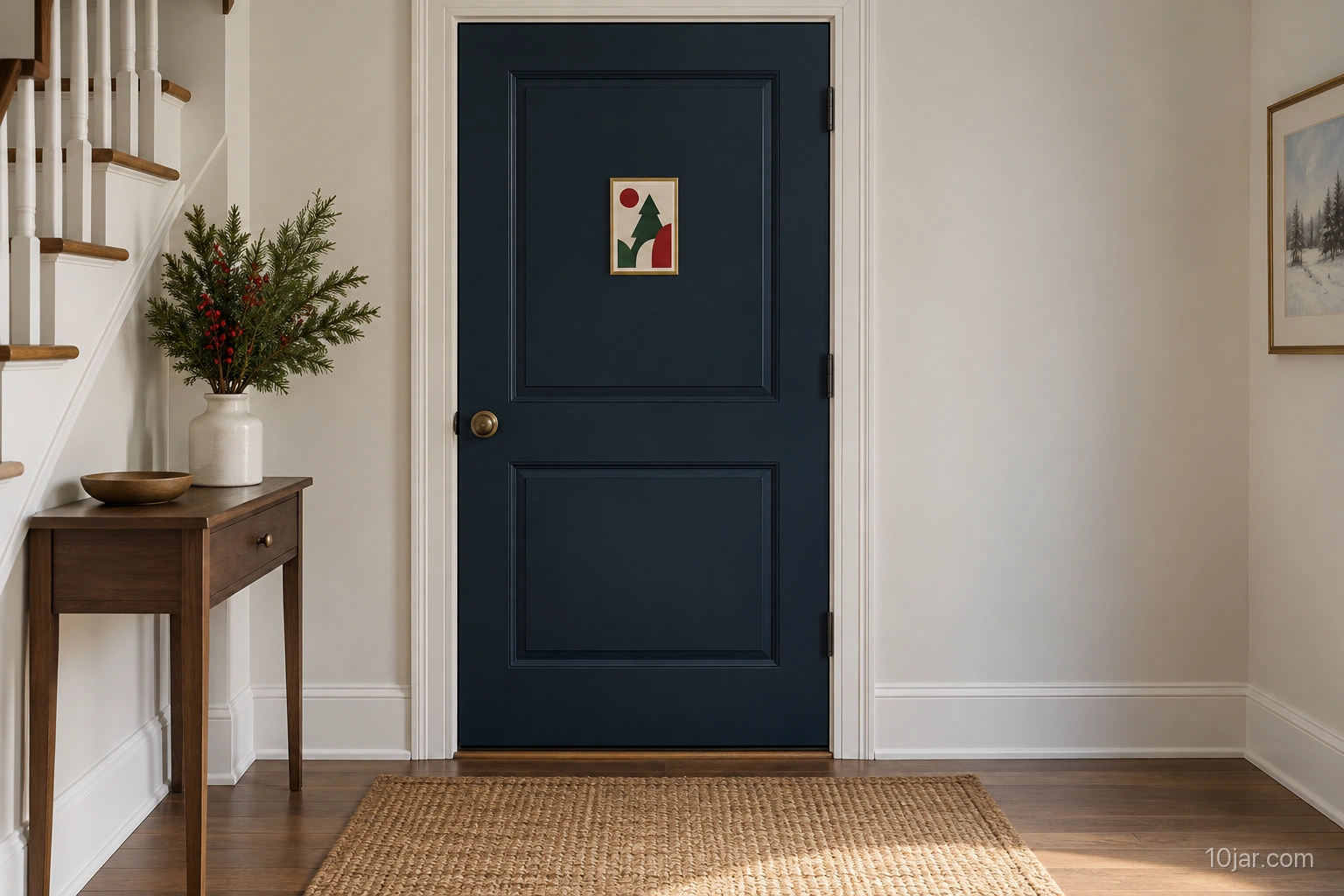 Navy interior door with one small framed Christmas card centered clear of visible handle and door edges
