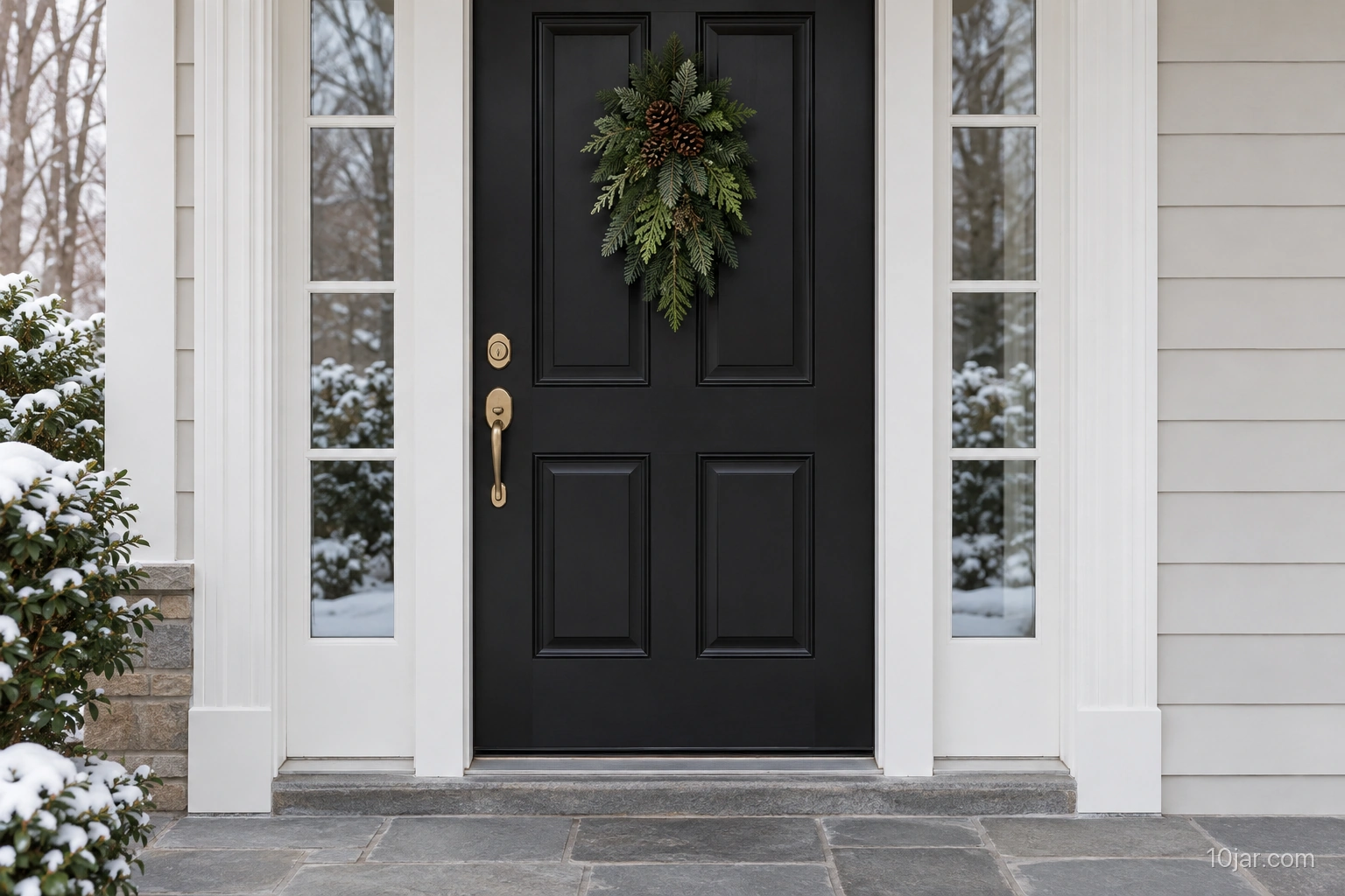 Black front door with one compact unlit evergreen swag centered above unobstructed brass handle and lock