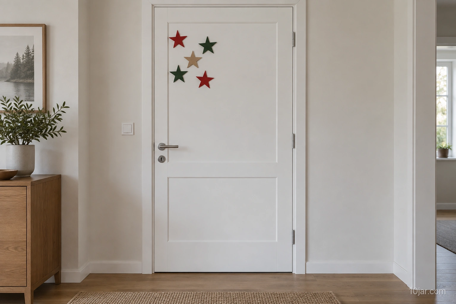 White interior door with five matte paper stars grouped high and away from silver handle, lock, and edges