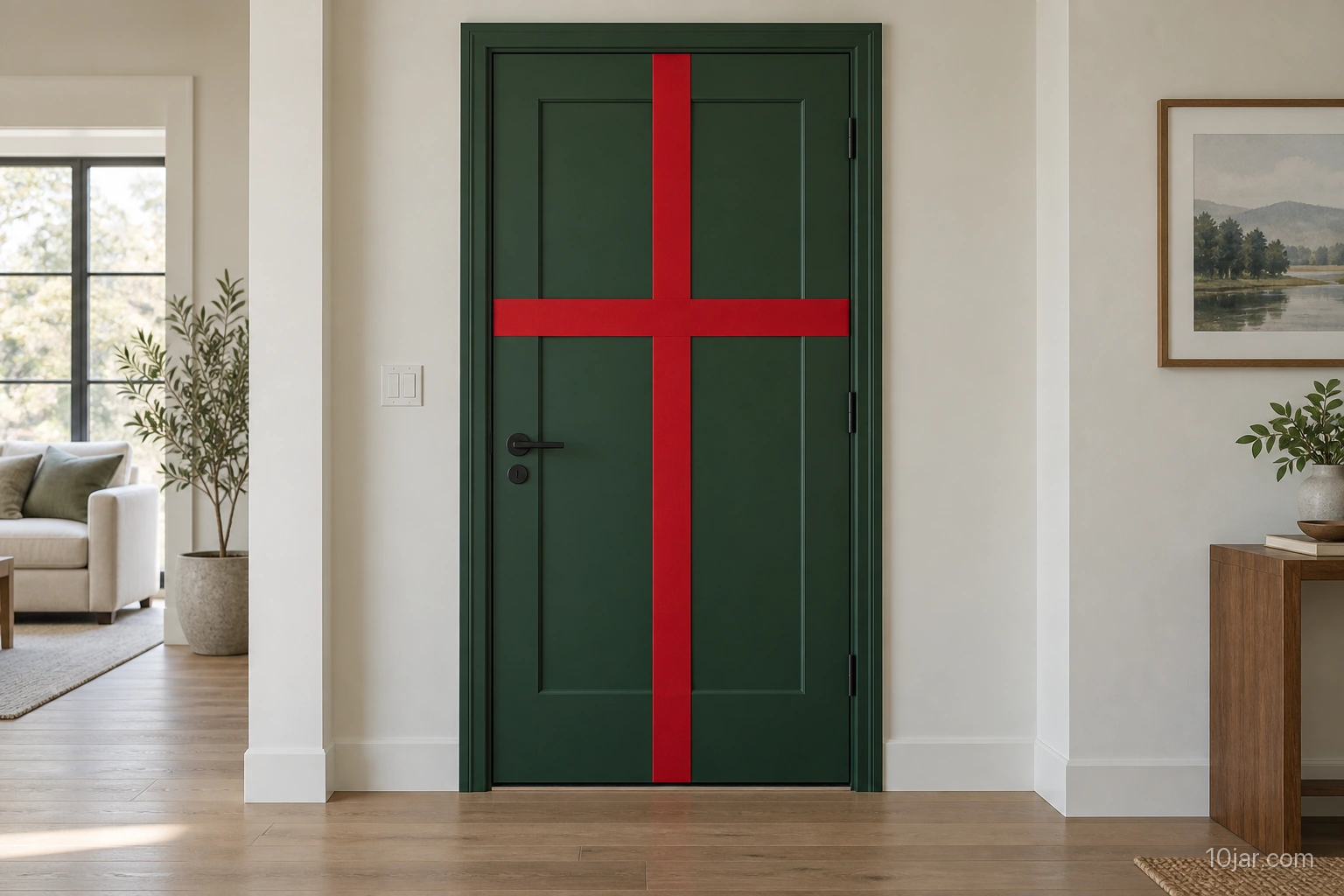 Forest green interior door with a flat red ribbon-cross motif clear of black handle, frame, and threshold