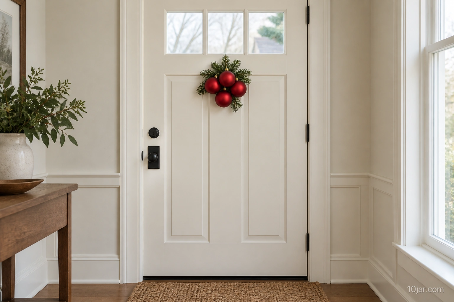Cream door with a small cluster of matte red ornaments hanging clear of glazing, handle, and swing edge