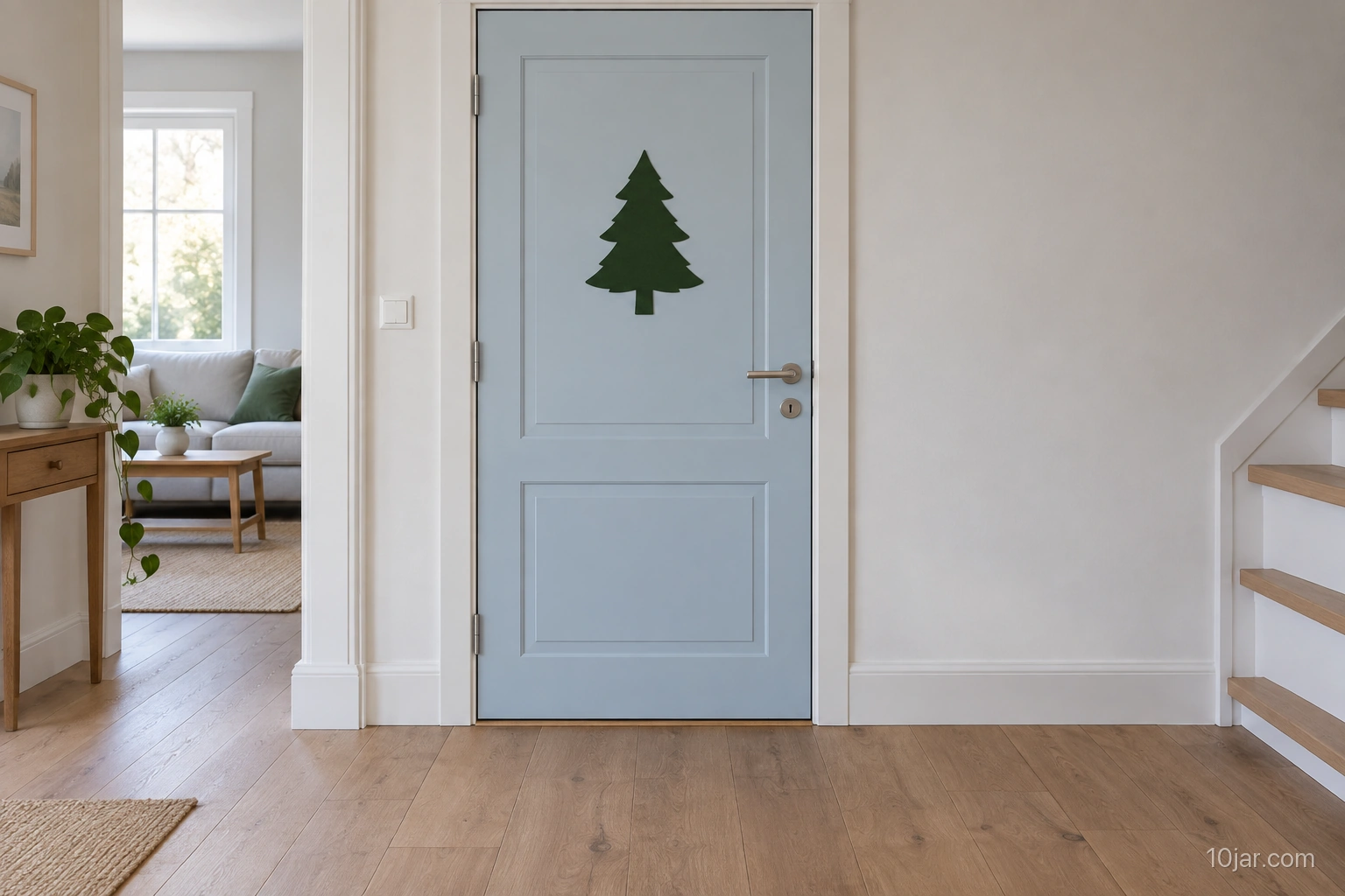 Pale blue interior door with one simple dark green felt-tree silhouette above clear nickel handle hardware