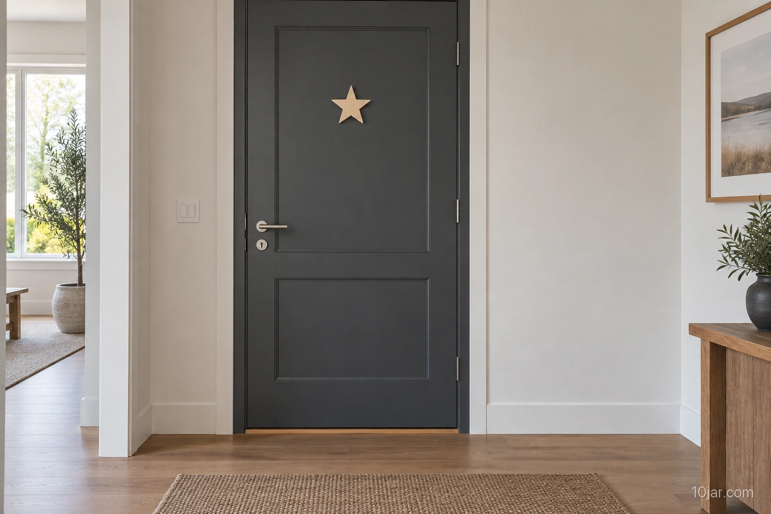Charcoal interior door with one small wooden star keepsake centered above fully clear lever handle and lock