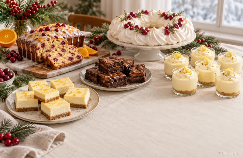 Christmas dessert table with loaf cake, brownies, cheesecake bars, lemon cups, and a meringue wreath in a warm dining room