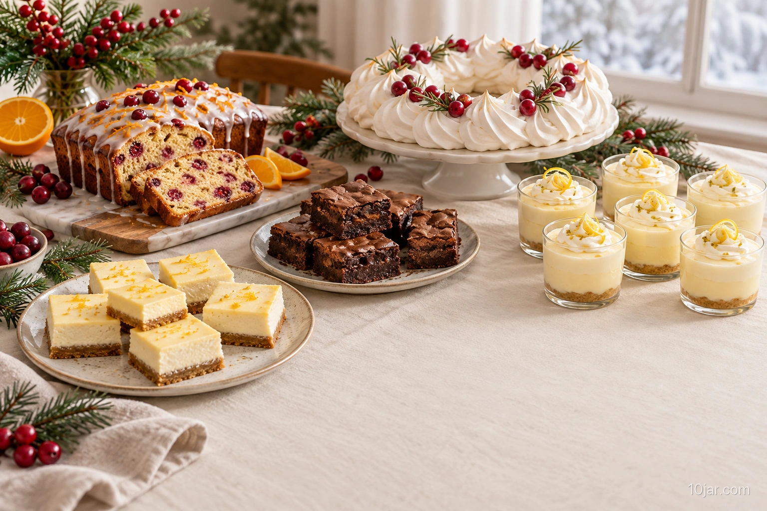 Christmas dessert table with loaf cake, brownies, cheesecake bars, lemon cups, and a meringue wreath in a warm dining room