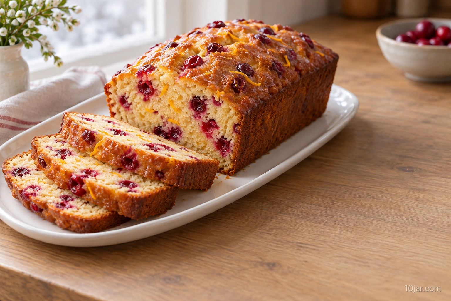 Sliced cranberry-orange loaf cake with visible red cranberries and fine orange zest on a simple white platter