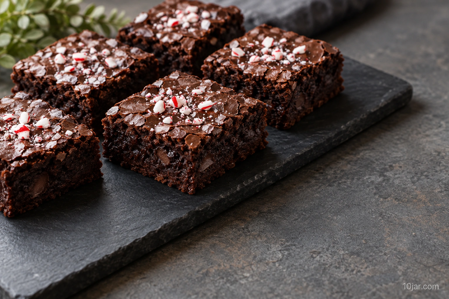 Neat chocolate-peppermint brownie squares with moist crumb and a very light crushed peppermint finish