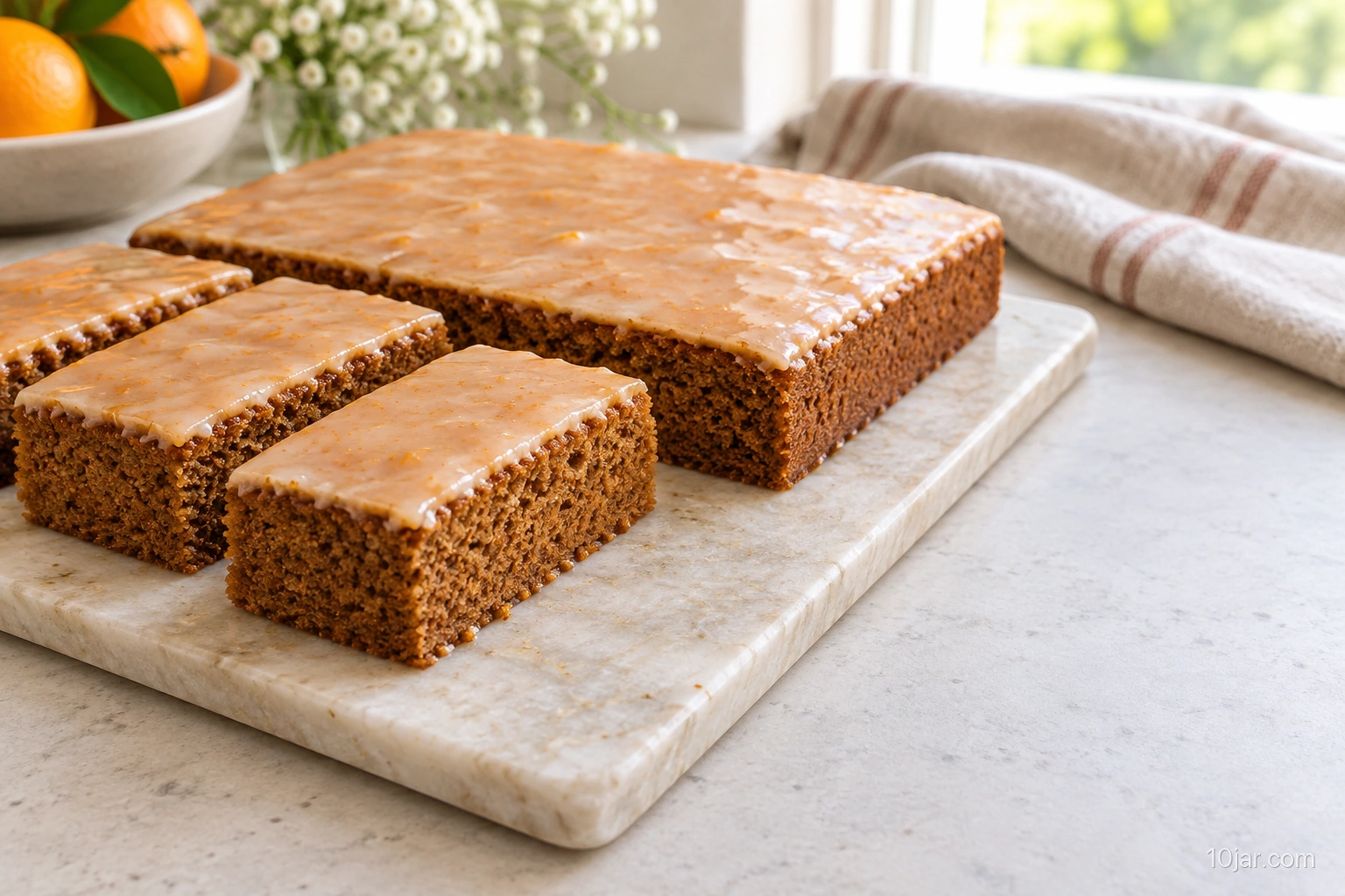 Rectangular gingerbread snack cake pieces with a thin pale orange glaze and fine crumb on a flat serving board