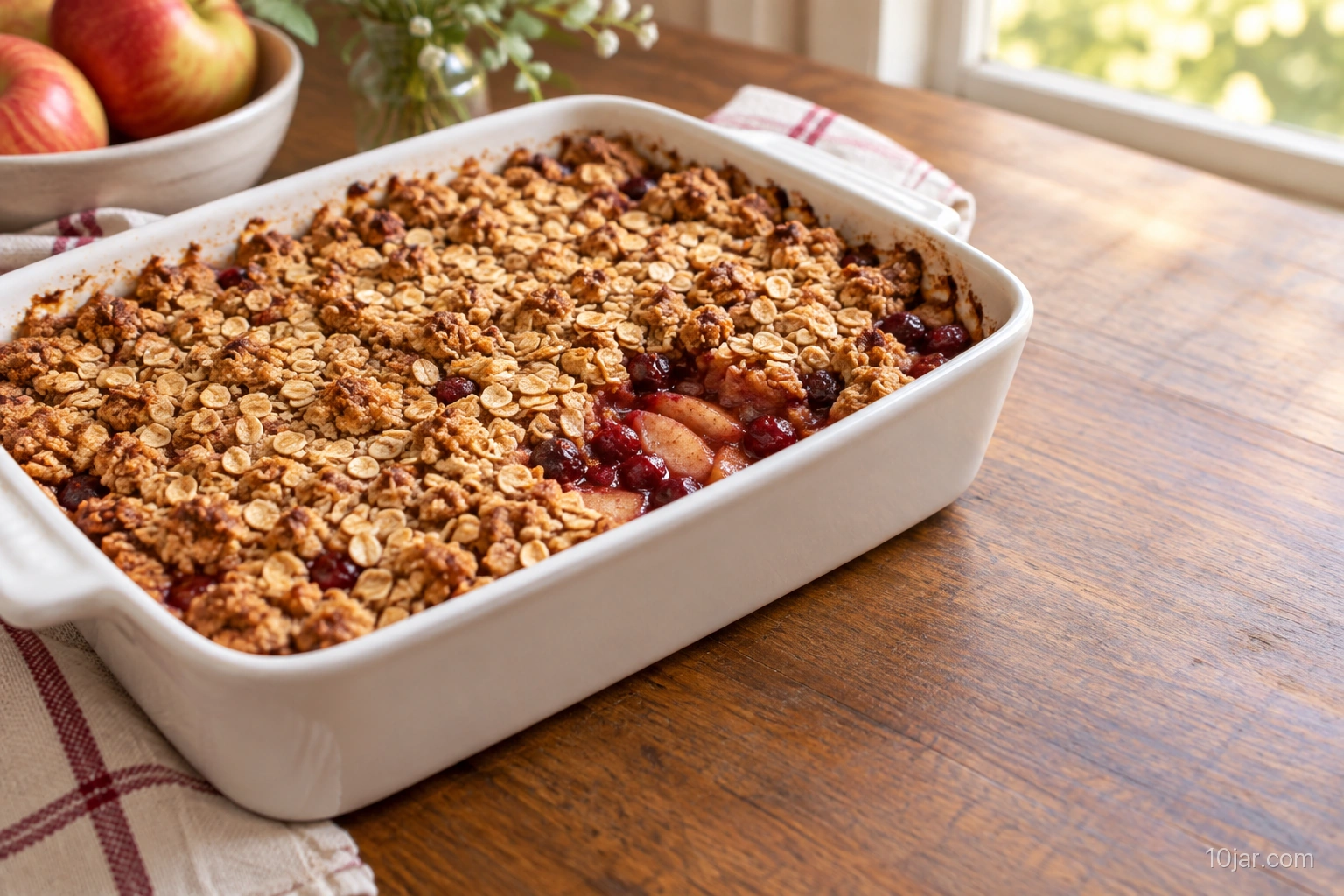 Baked apple-cranberry oat crisp in a white rectangular dish with ruby fruit bubbling under a golden oat topping