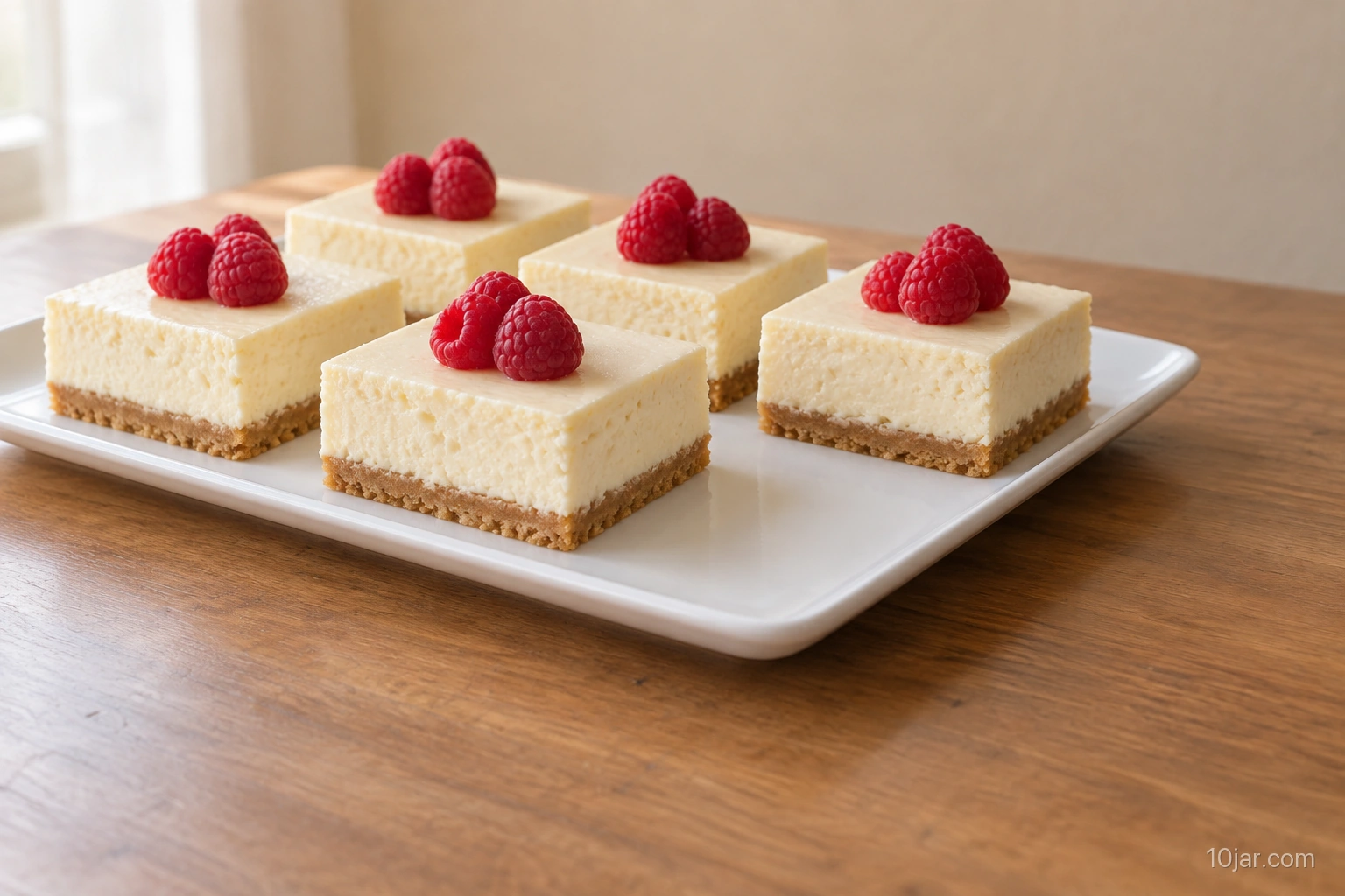 Cold vanilla cheesecake bars in even squares topped at service with a few red berries