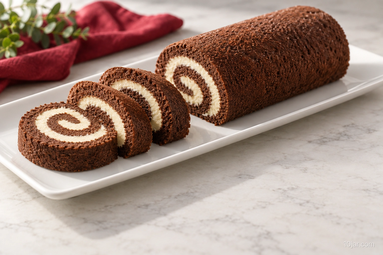 Sliced chocolate roulade with one clean pale cream spiral on a long white platter