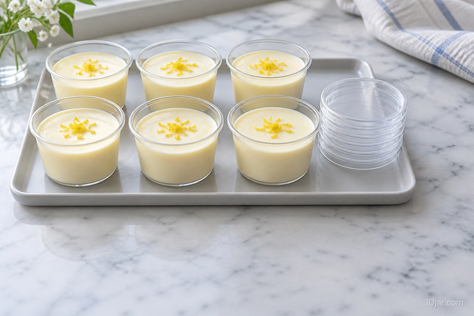 Six small chilled lemon posset cups with pale cream surface, fine lemon zest, and simple lids set nearby