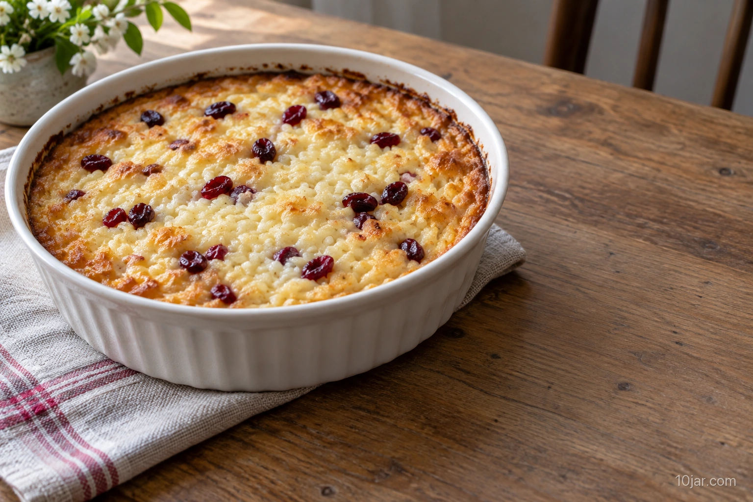Baked rice pudding in a white ceramic dish with set golden surface and scattered dried cranberries