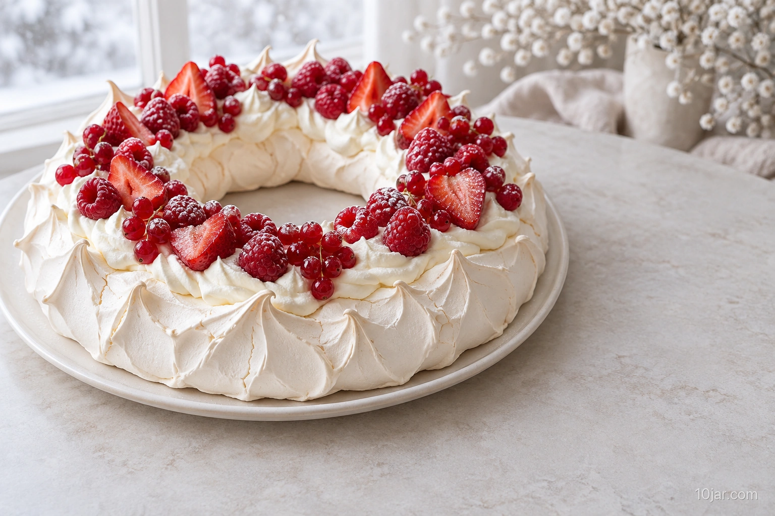 White baked meringue wreath topped at service with whipped cream and red berries on a flat platter