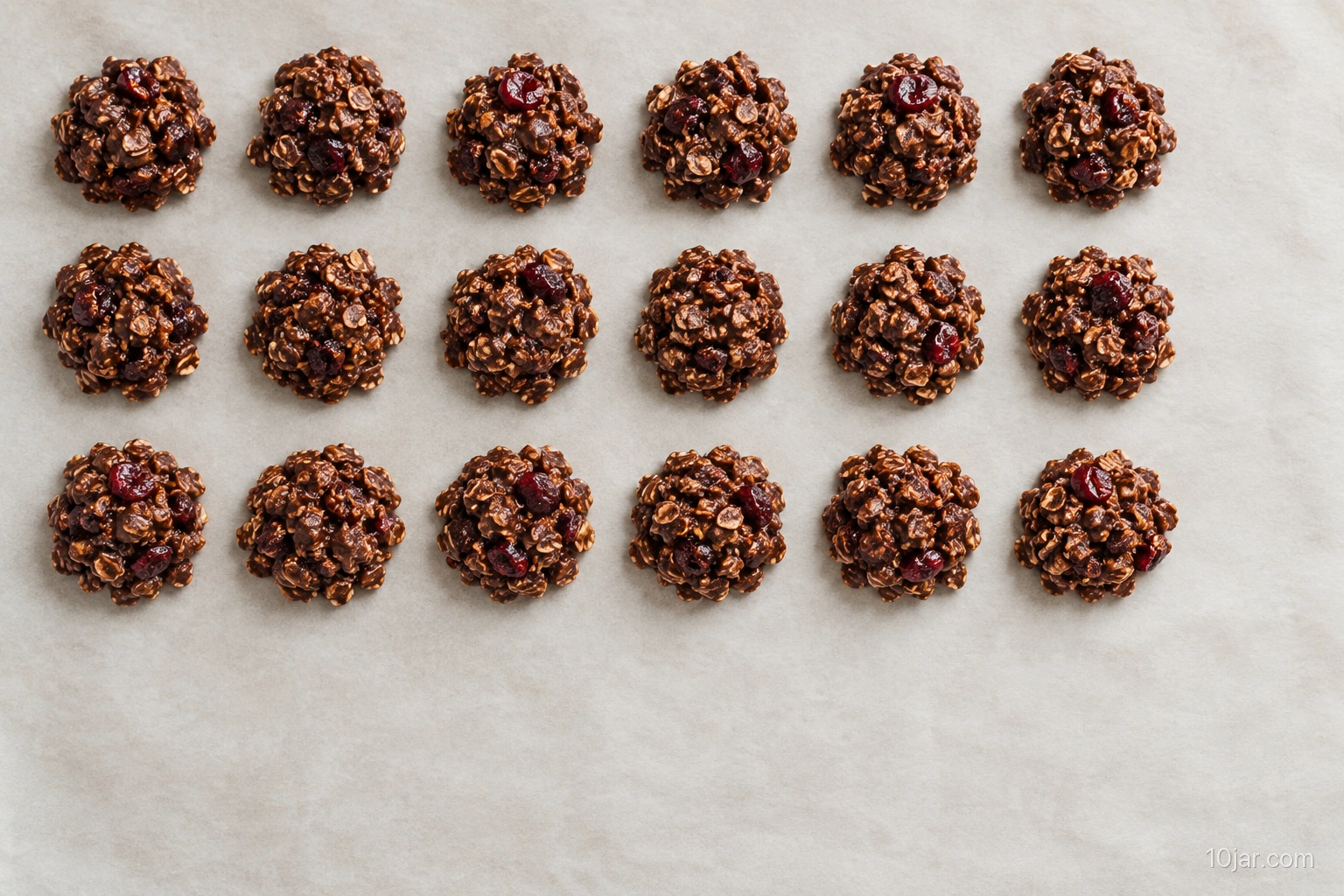 Eighteen small chocolate-oat clusters with dried cranberries arranged in tidy rows on parchment