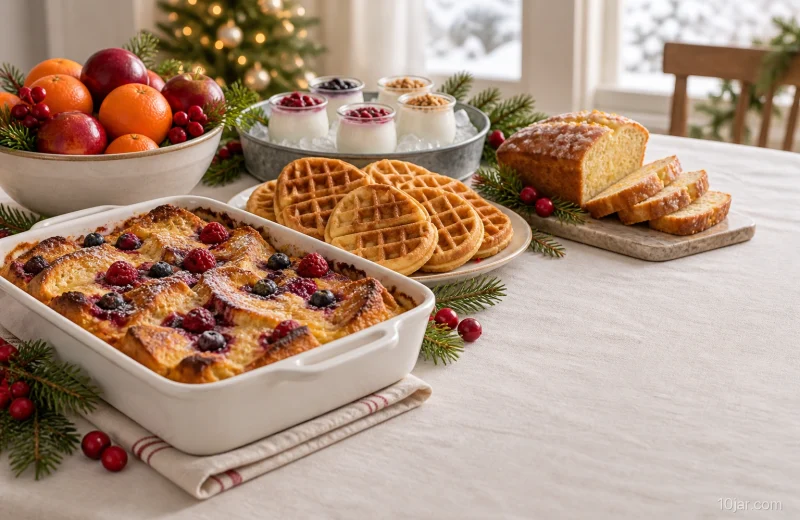 Christmas morning breakfast table with French-toast casserole, waffles, citrus loaf, fruit, and small yogurt bowls in a warm dining room