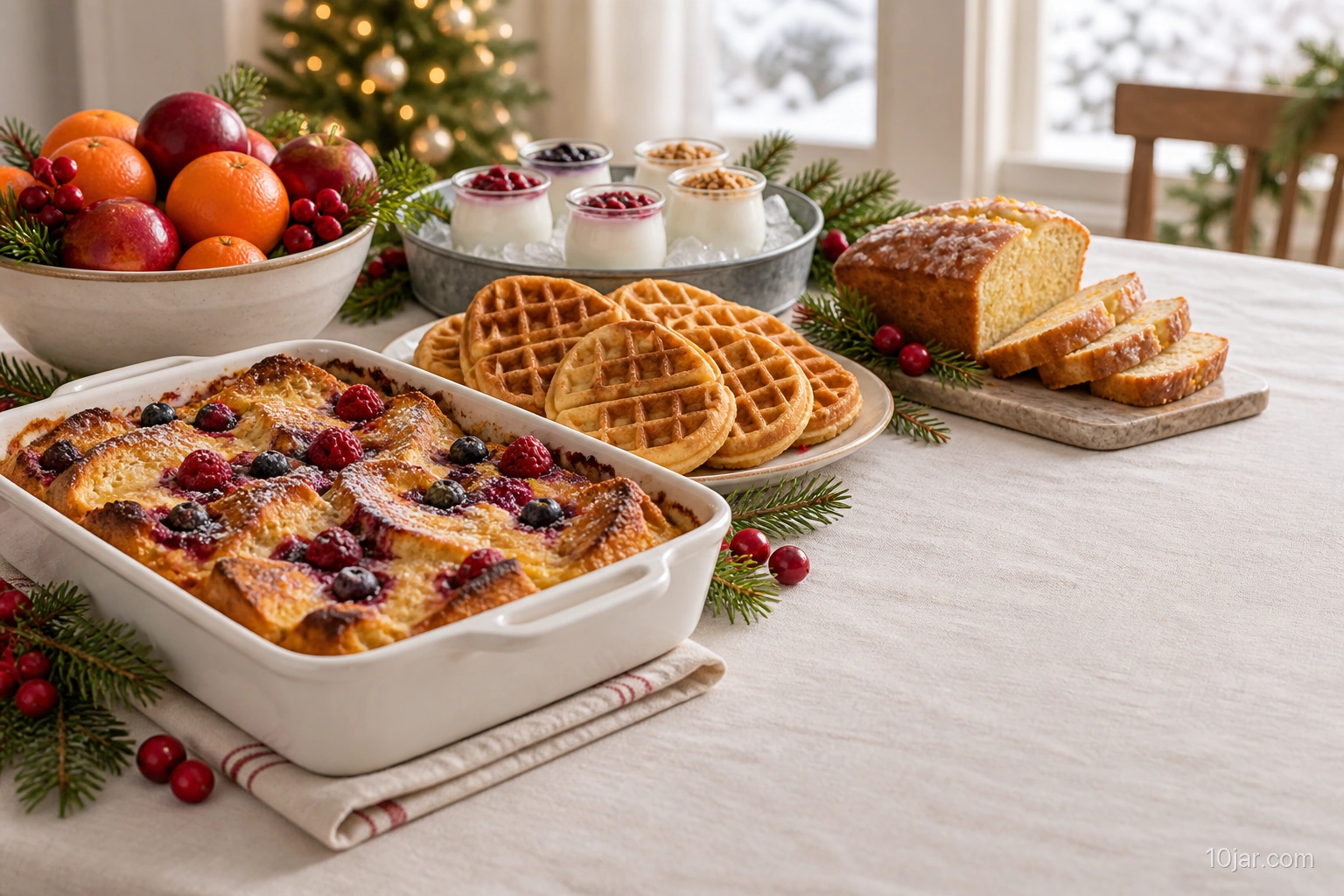 Christmas morning breakfast table with French-toast casserole, waffles, citrus loaf, fruit, and small yogurt bowls in a warm dining room