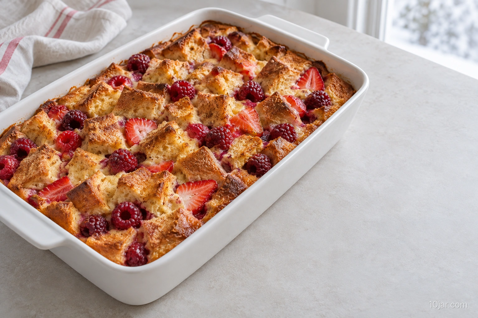 Baked French-toast casserole in a white rectangular dish with distinct bread cubes and red berries on a Christmas breakfast table