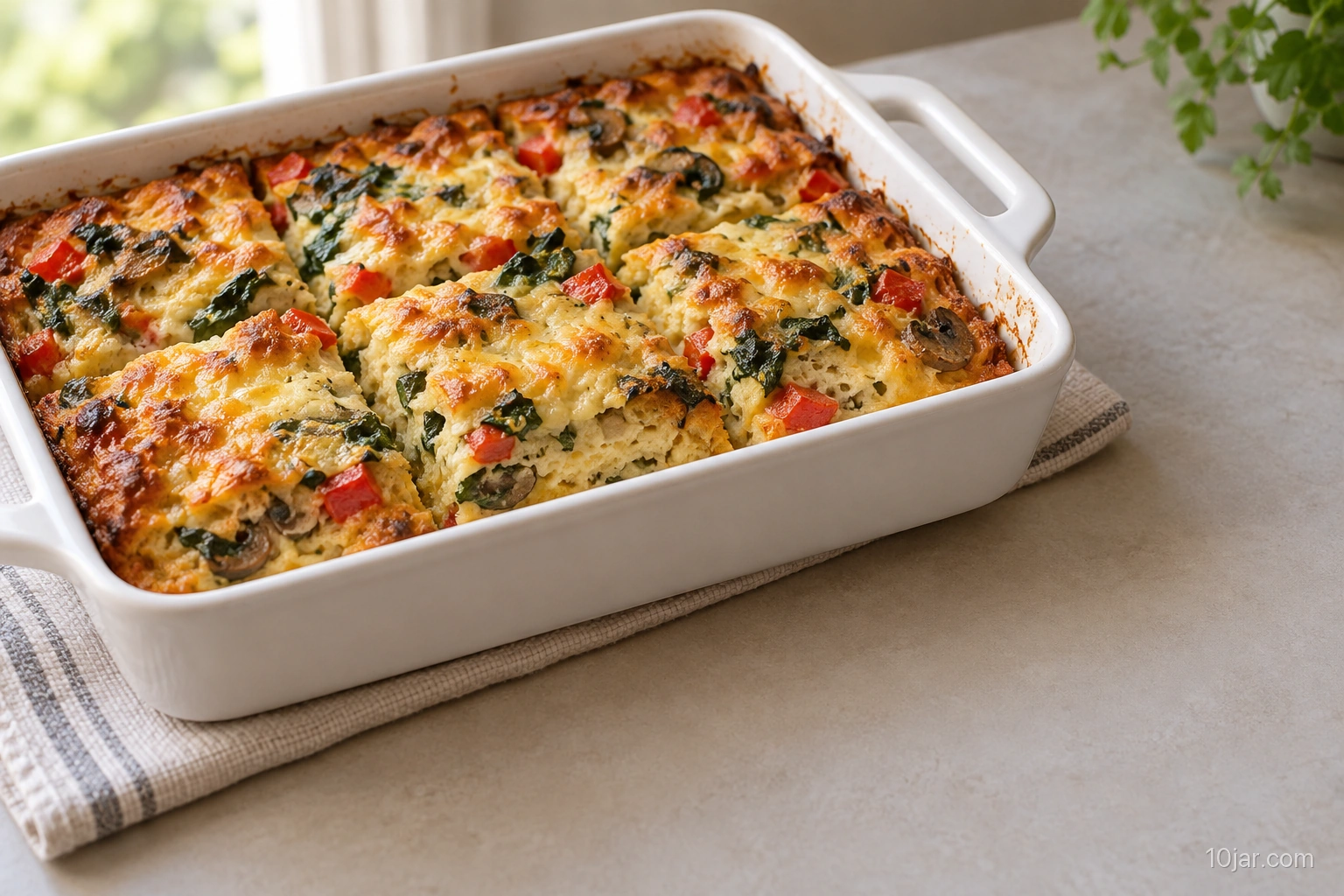 Vegetable-and-cheese strata cut into visible squares with peppers, mushrooms, spinach, and browned cheese in a white baking dish