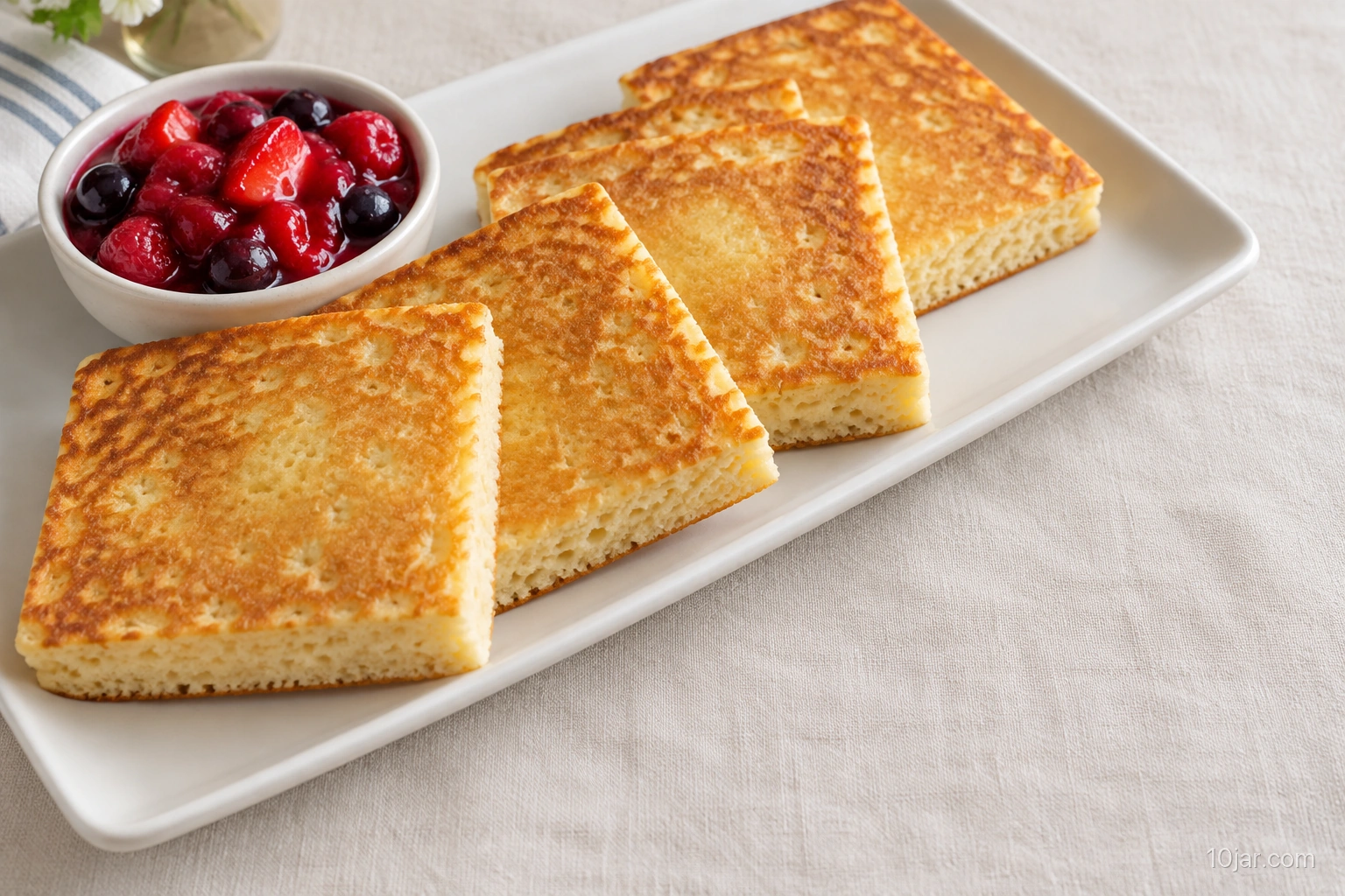Rectangular sheet-pan pancake squares arranged beside a small bowl of warm red berry topping on a light breakfast table