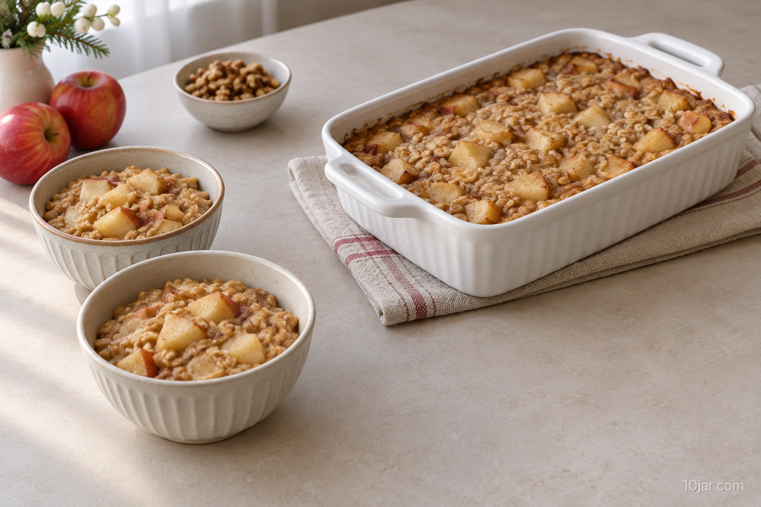 Apple baked oatmeal spooned from a white rectangular dish into small bowls with chopped nuts kept in a separate bowl