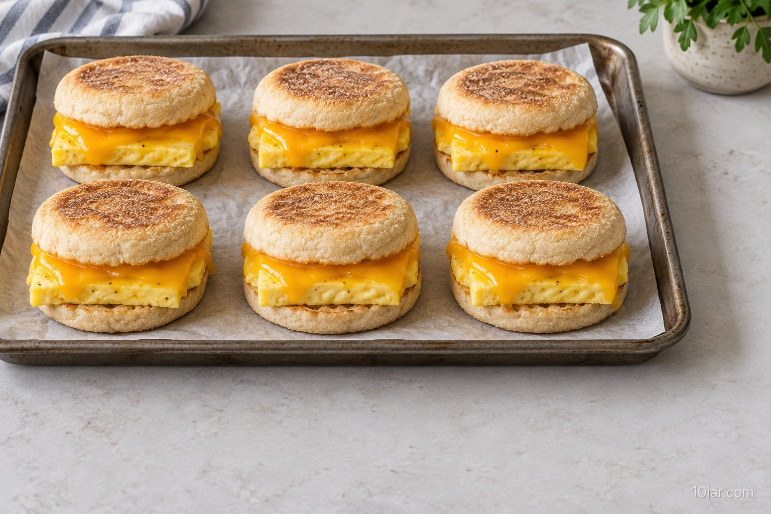 Six make-ahead breakfast sandwiches with firm egg squares and cheese arranged individually on a parchment-lined tray