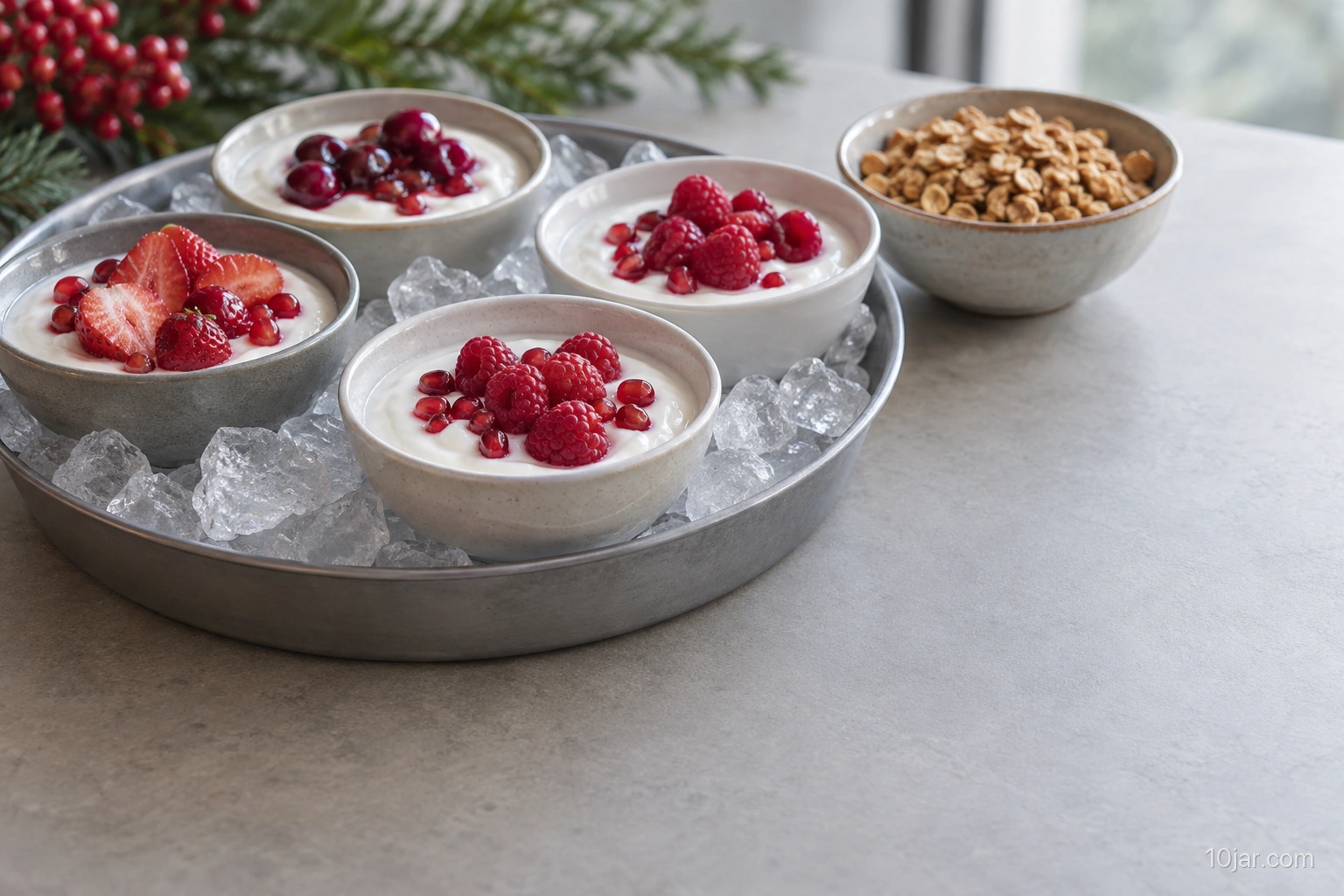 Small yogurt and red fruit bowls nested over ice with toasted oats in one separate dry bowl on a Christmas morning tray
