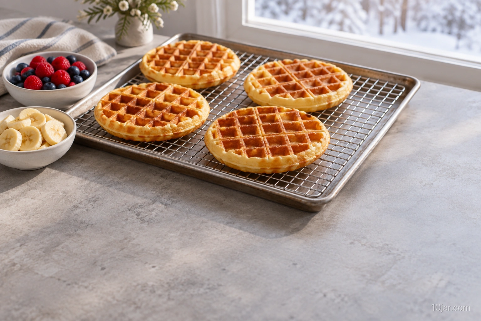 Crisp golden waffles in a single layered fan on a rack-lined Christmas breakfast table with toppings in separate bowls