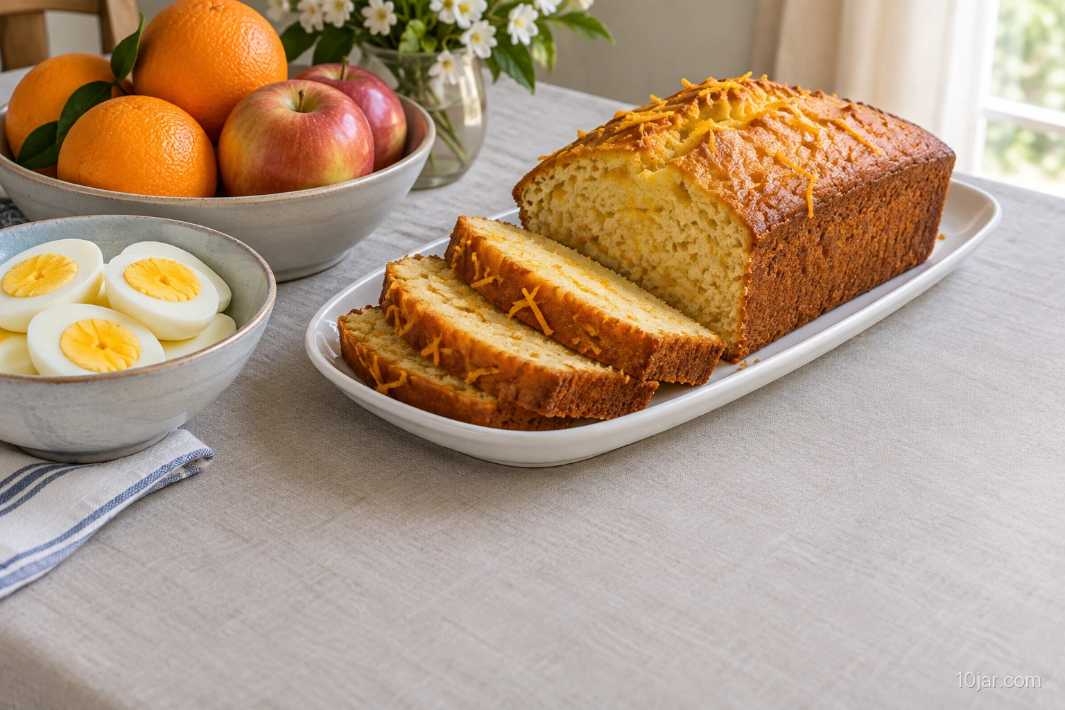 Sliced orange-lemon quick bread on a white platter with fully cooked eggs and whole citrus fruit served in separate cold bowls