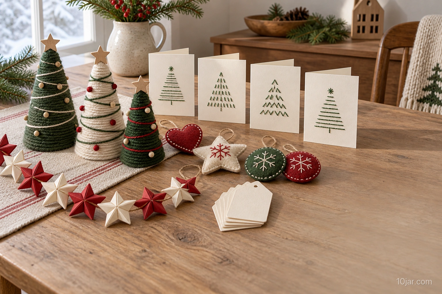 Tidy adult Christmas craft table displaying paper stars, felt ornaments, cards, yarn trees, and folded tags with all sharp tools put away